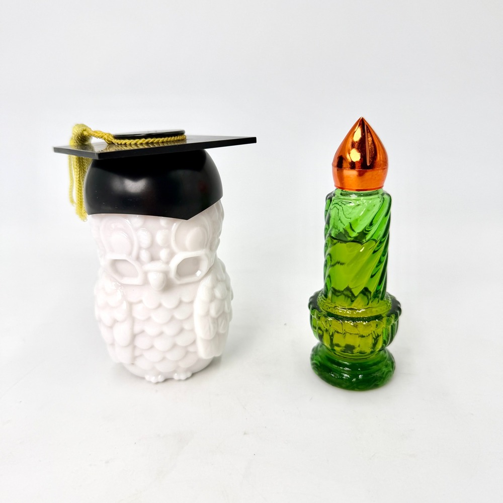 Vintage Avon Cologne Bottles Lot Graduation Owl Milk Glass Green Candle 1970s